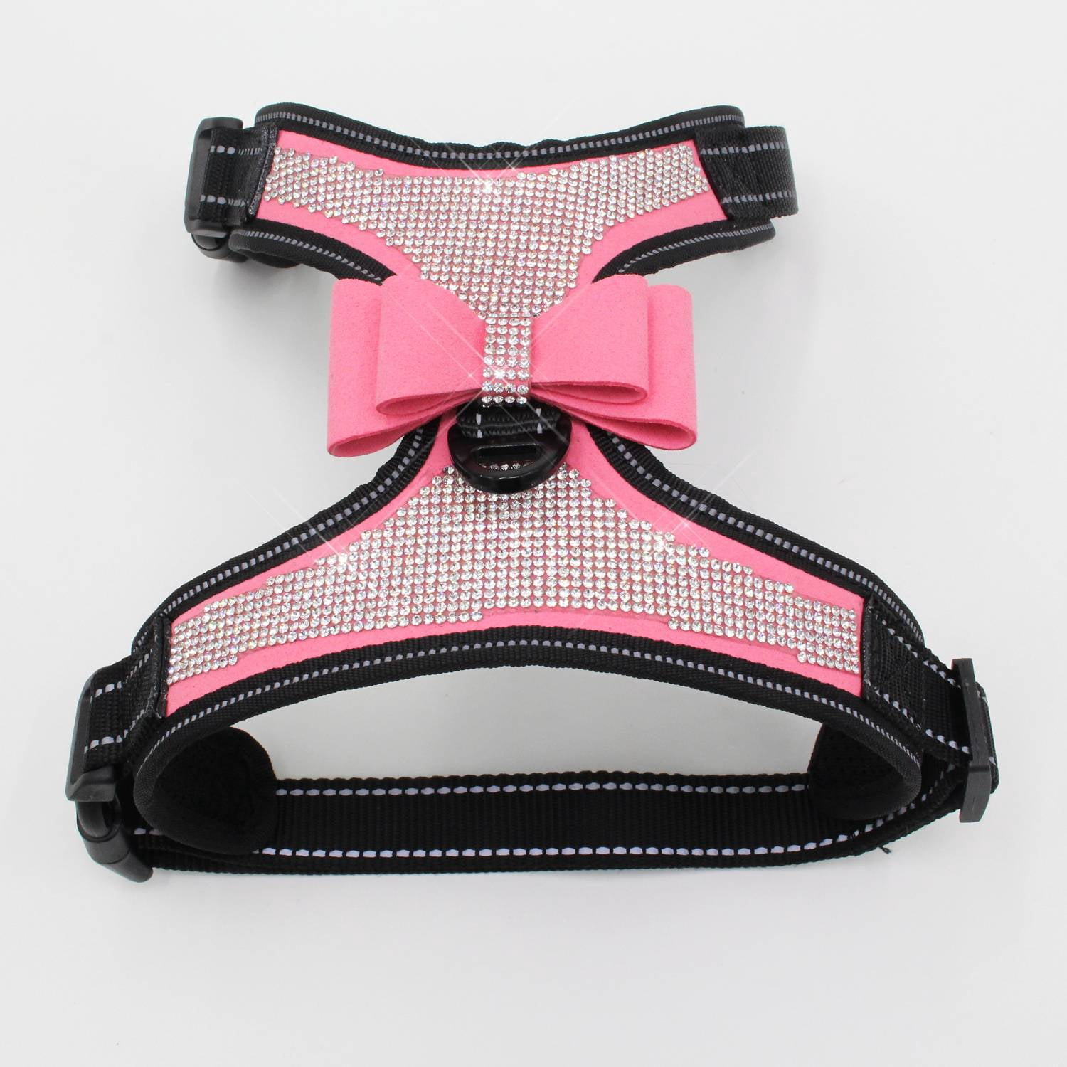 Large Dog Reflective Rhinestone Harness, No Pull Adjustable Bowtie Buckle D-ring Harness, Bling Nylon Dog Harnesses Vest for Large Dog Pink