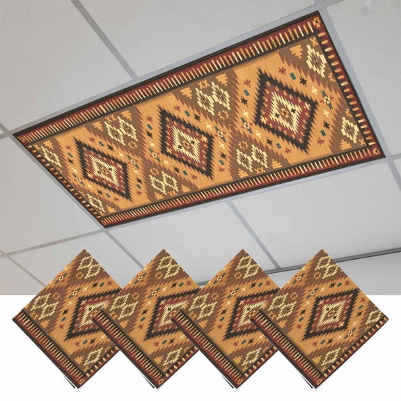 Fluorescent Light Covers for Ceiling Lights Classroom, Retro Boho Magnetic Ceiling Light Cover Filter for School,Office, 2X4 FT, Pack of 4, Aztec Southwest Tribal Floral Pattern Brown