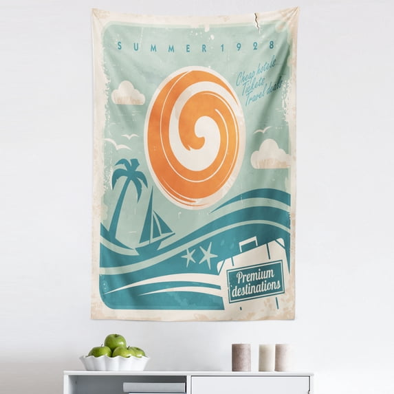 Vintage Boat Tapestry, Retro Pop Art Summer Vacation Waves Palms Tropical Destinations, Fabric Wall Hanging Decor for Bedroom Living Room Dorm, 5 Sizes, Mint Teal and Orange, by Ambesonne