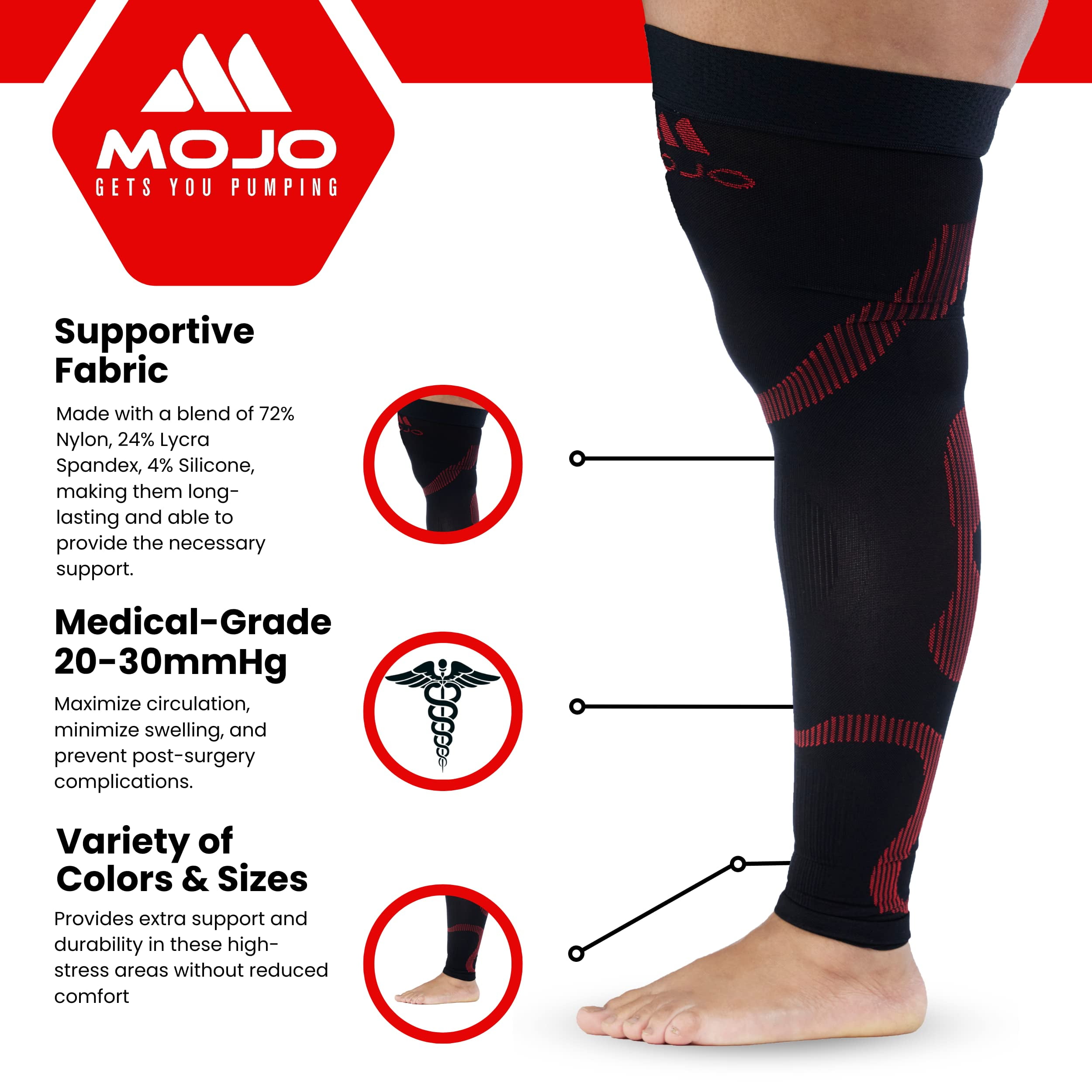 Extra Wide Men & Womens Footless Compression Stockings 20-30mmHg - Black/Red,XXL