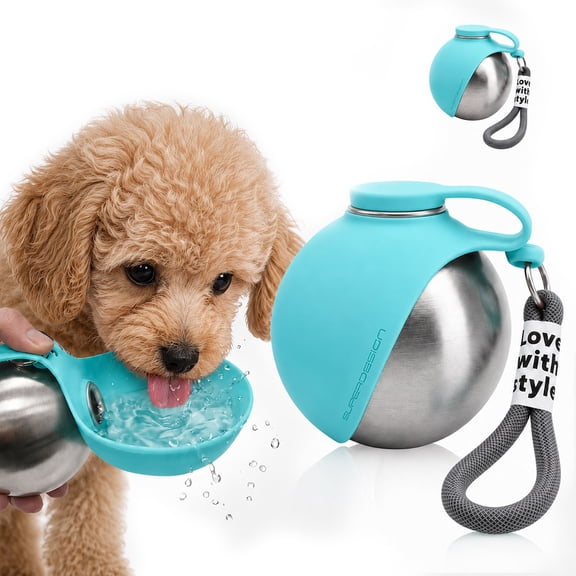 Pet Water Bottles 9.6 oz Stainless Steel with Clip-on Carrying Rope Outdoor Round Kettle