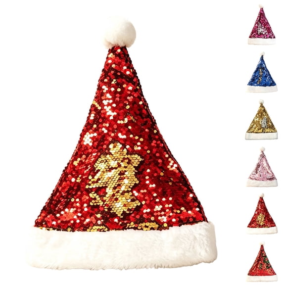 Lumtrix Sequin Santa Hat Color Block Christmas Celebration Hats For Adults Funny Xmas Headwear, Party Accessory Red One size