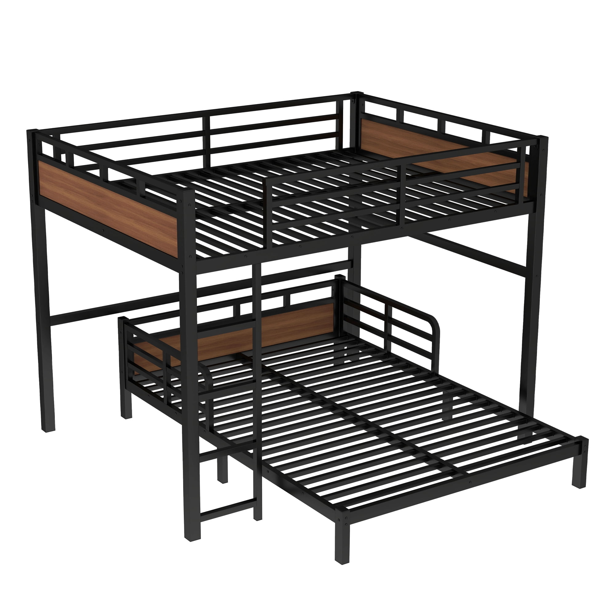 Mintazer Queen Over Queen Metal Bunk Bed, Convertible to 2 Separate Beds, Separable Bunk Bed Frame with Guardrails for Teens Adults, Black & Brown