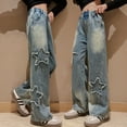 thumbnail image 3 of Girls Wide Leg Jeans Casual Spring Denim Pants Baggy Loose Elastic Waist Star Long Fall Trousers, Dusty Blue, 8 Years, 3 of 7