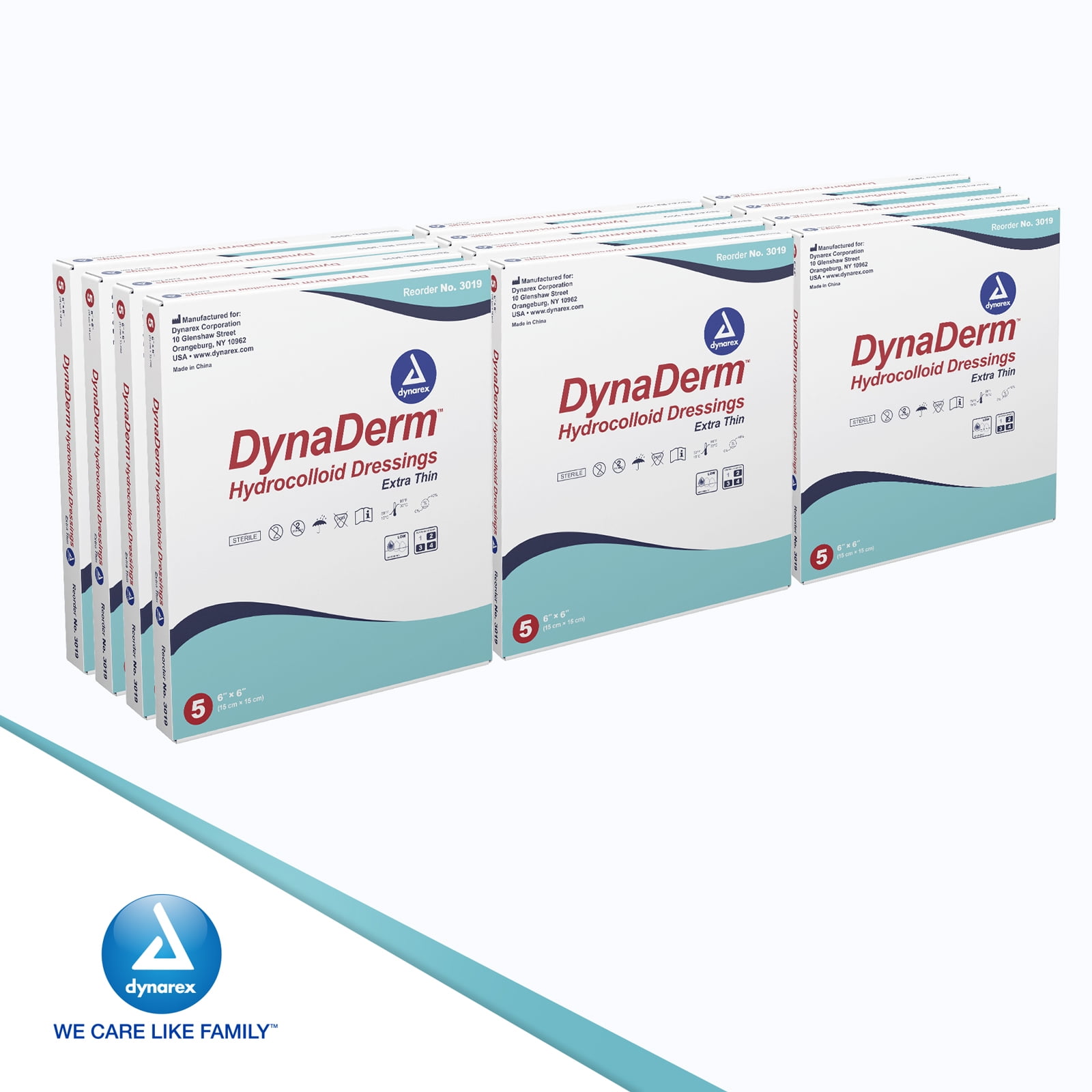 Dynarex DynaDerm Hydrocolloid Dressings, Sterile Moist Bandages Used for All Kinds of Wounds, 6" x 6", X-Thin & Latex-Free, Peel-Down Patches - 1 Case, 12 Boxes of 5 Dressings