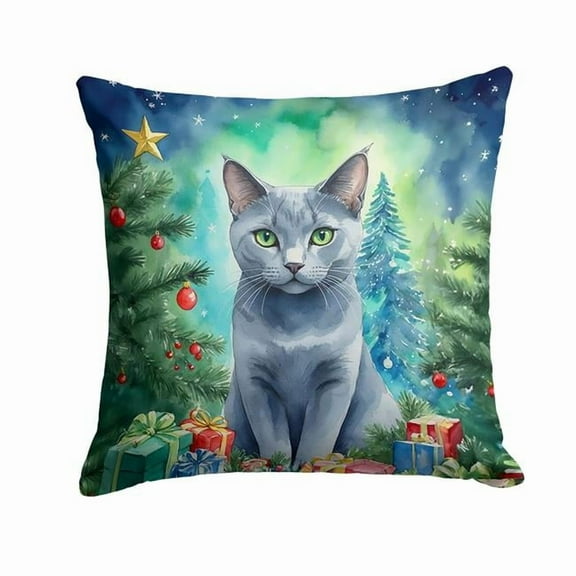 Carolines Treasures DAC7250PW1414 14 x 14 in. Russian Blue Cat by the Christmas Tree Throw Pillow