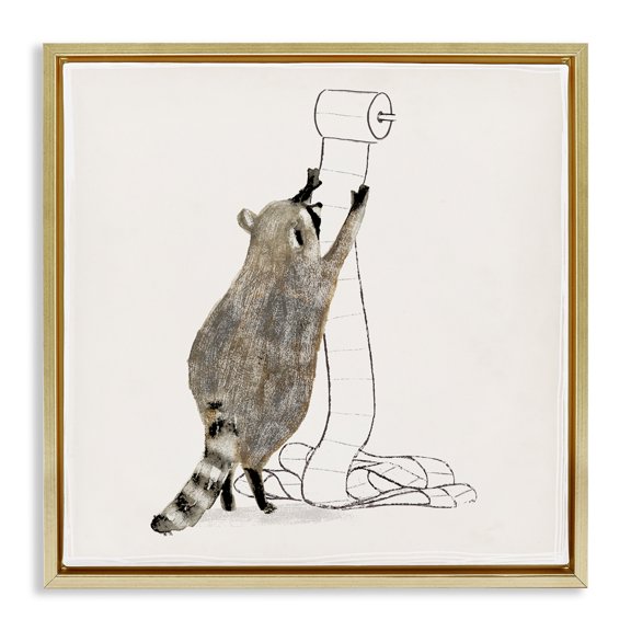 Stupell Industries Raccoon Toilet Paper Hoarder Animals & Insects Painting Gold Floater Framed Canvas Art Print Wall Art, 18 x 18