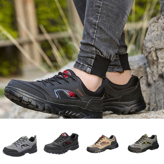 Mens Faux Leather Hiking Shoes Lightweight Breathable Anti-Slip Low Top Sneakers for Walking Trekking Outdoor Shoes with Arch Support Size 6-9.5 Gray