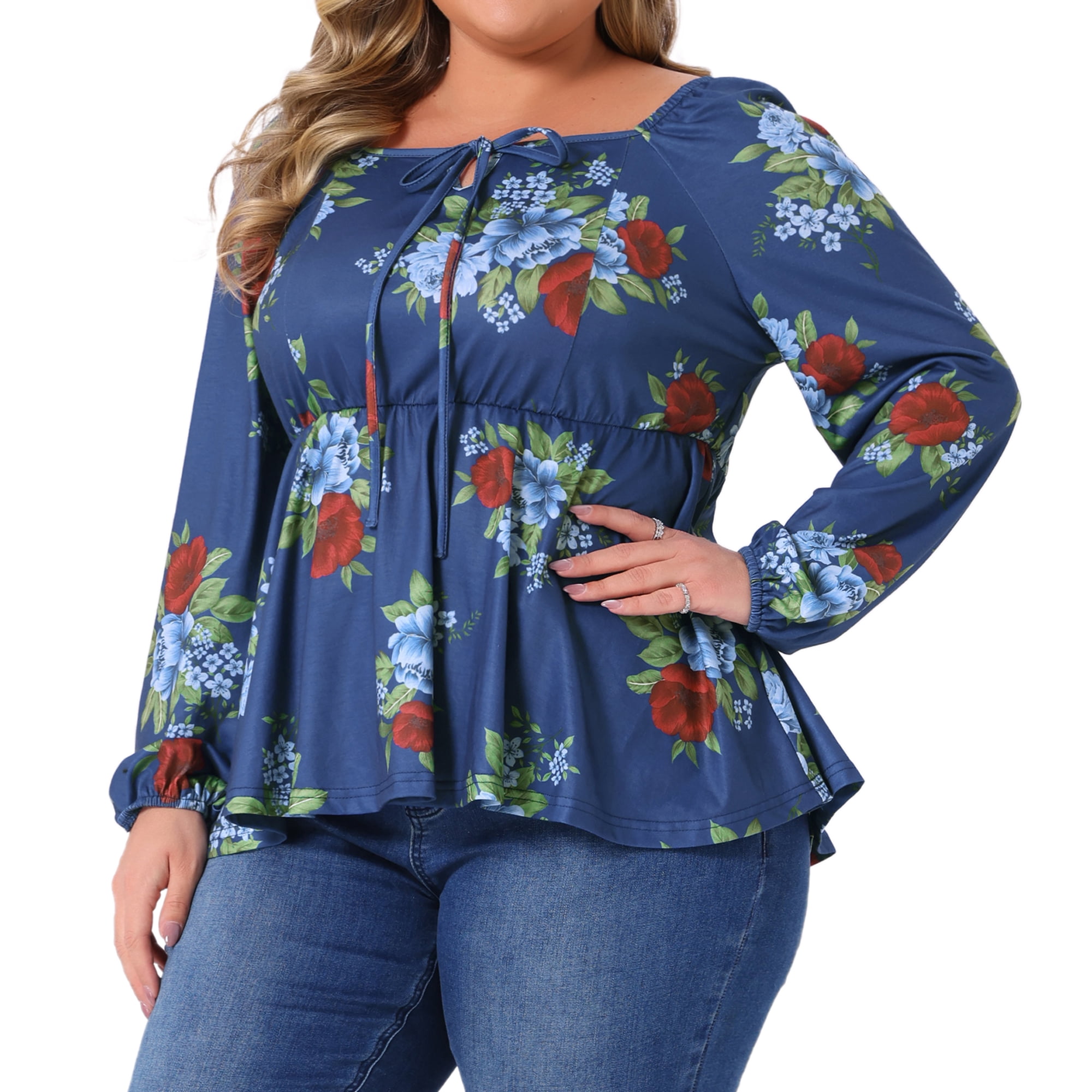 DARING DIVA Women's Plus Sweetheart Neck Long Sleeve Floral Blouse 1X Blue