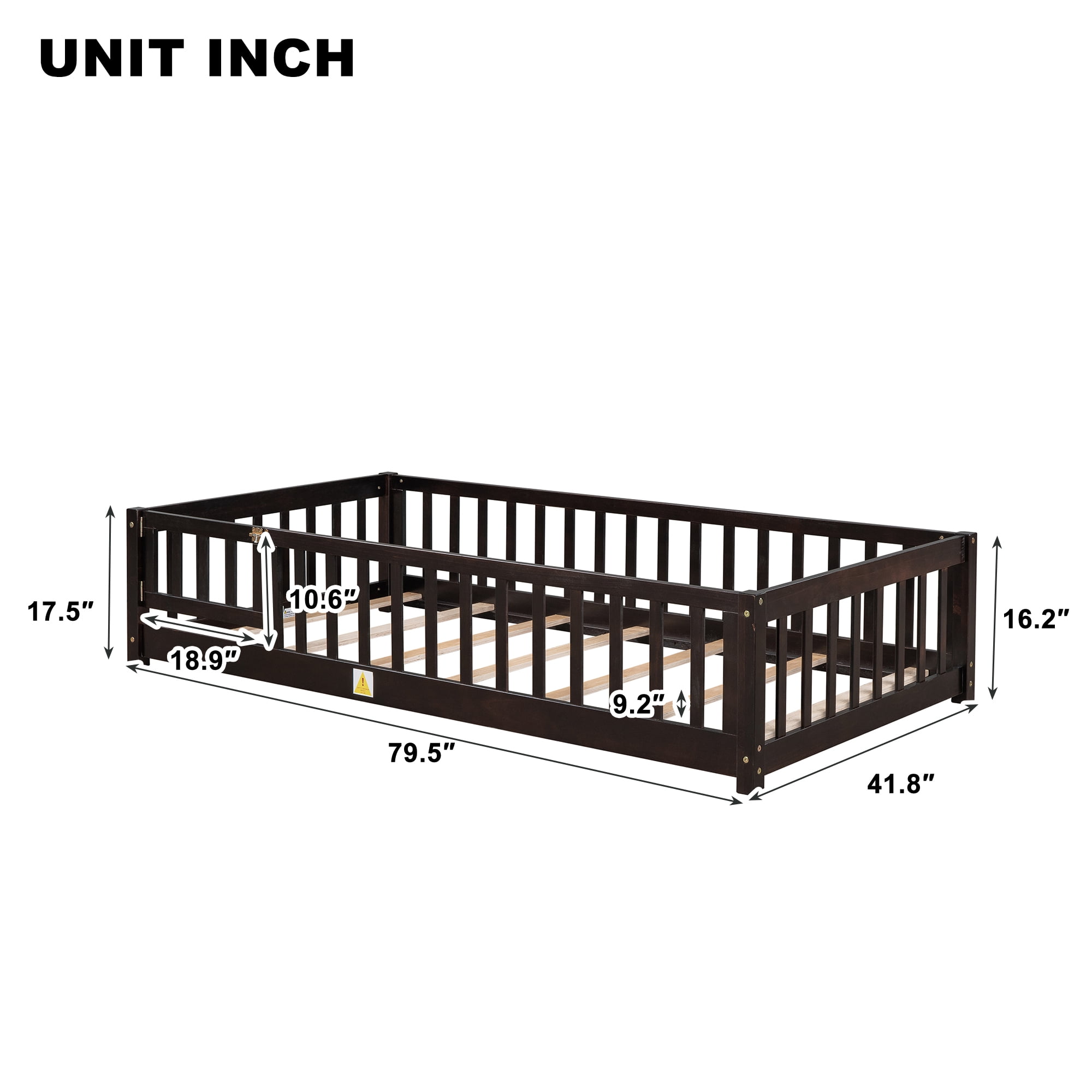 Miniyam Twin Size Toddler Floor Bed with Fence, Espresso