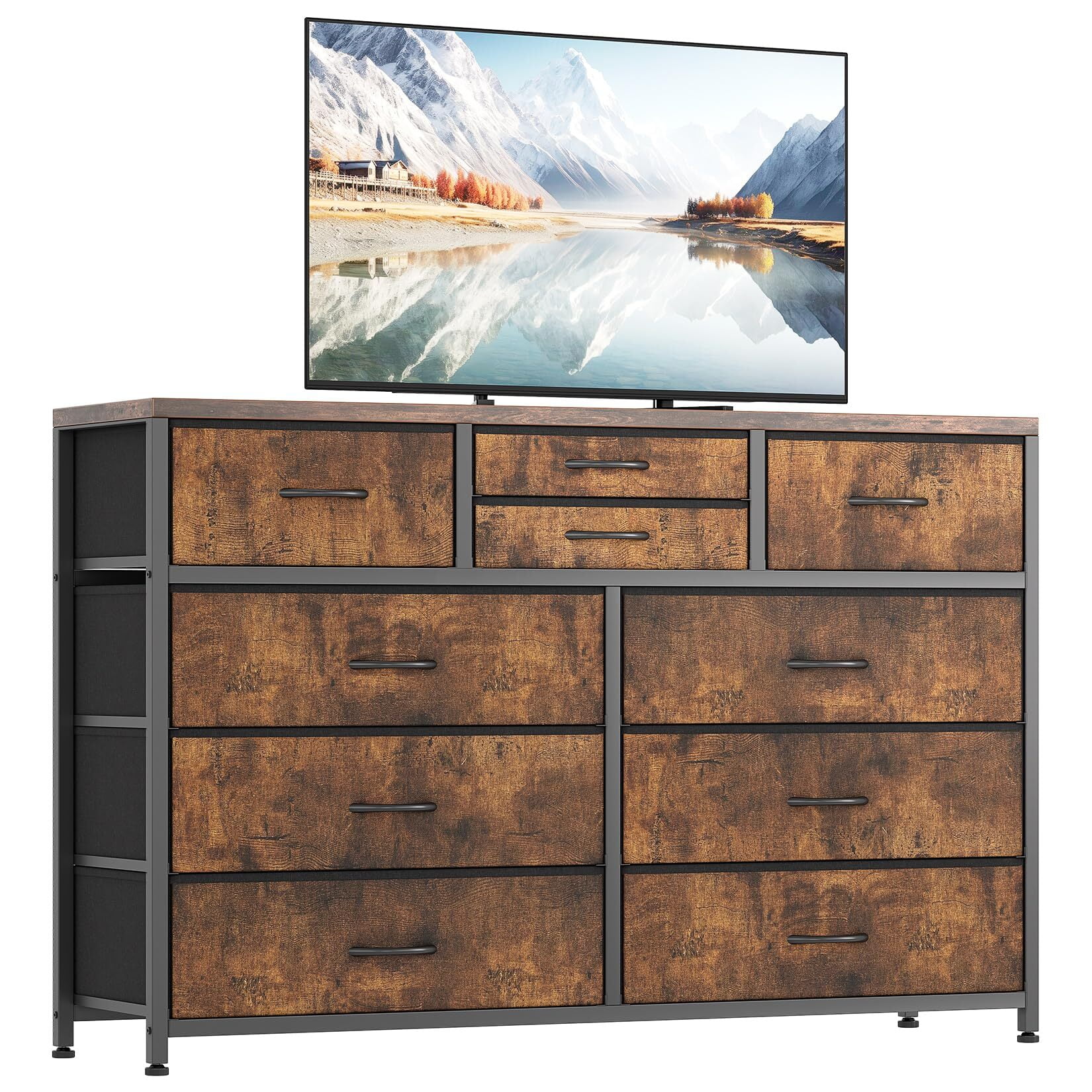 Emorefun TV Stand for 55 Inch TV, Entertainment Center with 10 Drawers for Living Room, Closet, Entryway, Hallway, Rustic Brown