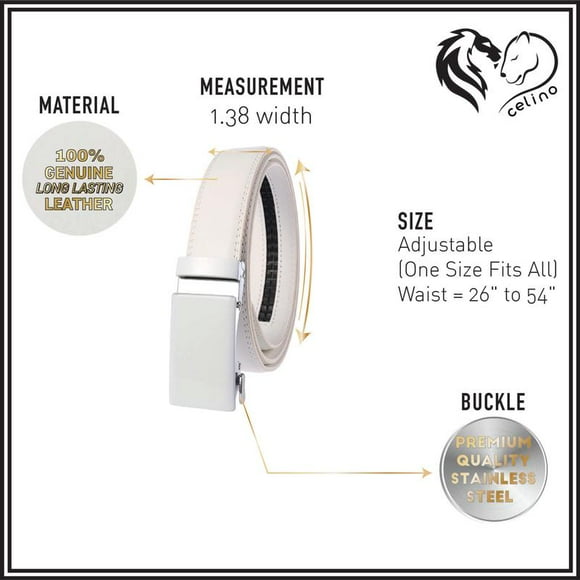 Celino White Buckle Adjustable Ratchet Slide Buckle 100% Genuine Leather Belt for Men, One Size Fits All, Made in Europe