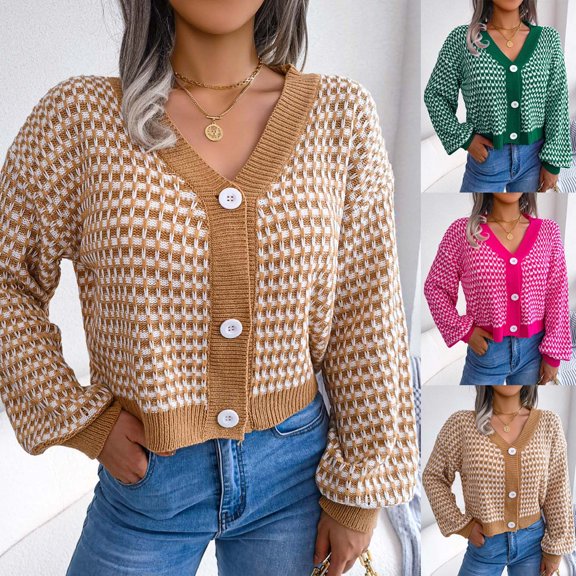 Yxbdin Textured Knit Cardigan Sweaters for Women Trendy Striped Cropped Cardigans Fashion Color Block Fall Sweaters Button Down V Neck Outerwear