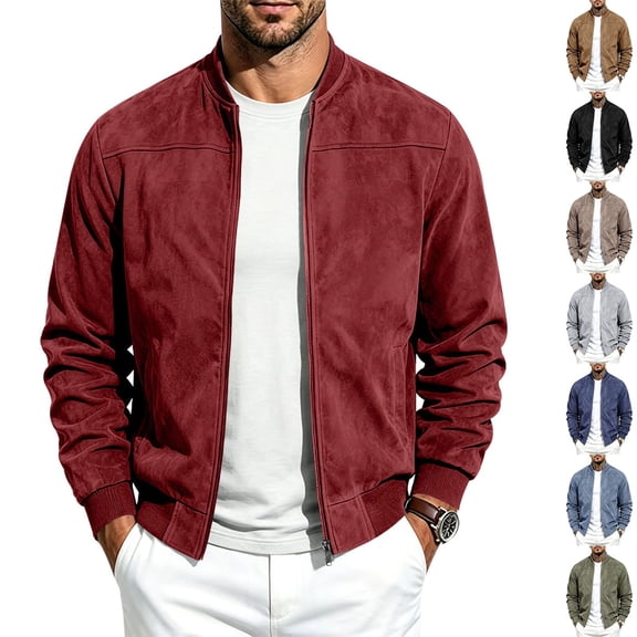 FRSASU Men's Faux Suede Bomber Jacket Zip‑Up Ribbed Collar Casual Lightweight Outerwear with Side Pockets Red