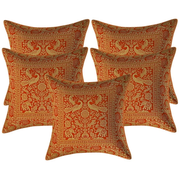 Stylo Culture Indian Decorative Throw Pillow Covers 16 x 16 Jacquard Peacock Orange Square 40x40 cm Home Decor Brocade Elephant Zippered Cushion Covers | Set Of 5
