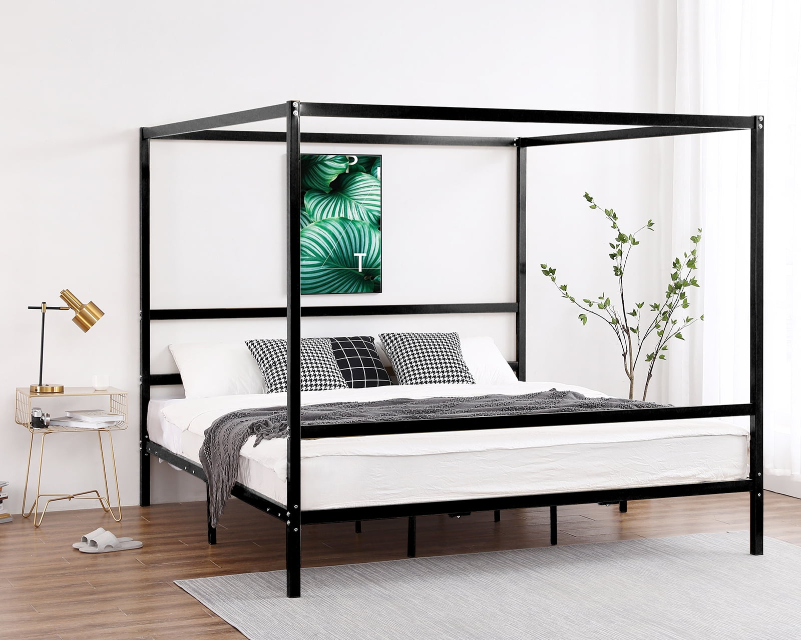 VINGLI Black Canopy Bed Frame King with Headboard, Four Poster Bed