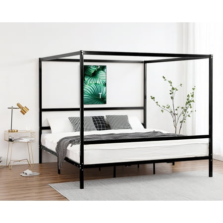 VINGLI Black Canopy Bed Frame King with Headboard  Four Poster Bed Frame King  Metal