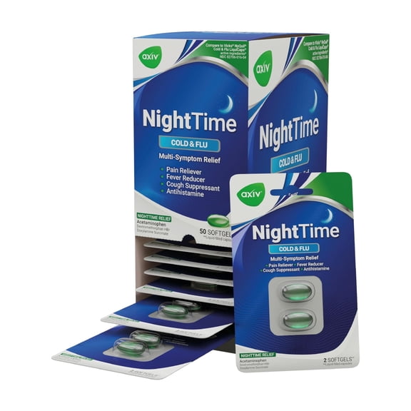 AXIV Nighttime Cold & Flu Relief Softgels, Multi-Symptom Formula, 25 Blister Packs (2 Softgels Each, 50 Total)