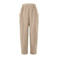 thumbnail image 4 of MIUOWANP Women's Cotton And Linen Pants with Pockets Solid Color Elastic Waisted Split Cuffed Wide Leg Trousers Size XXXL(14)Khaki, 4 of 8