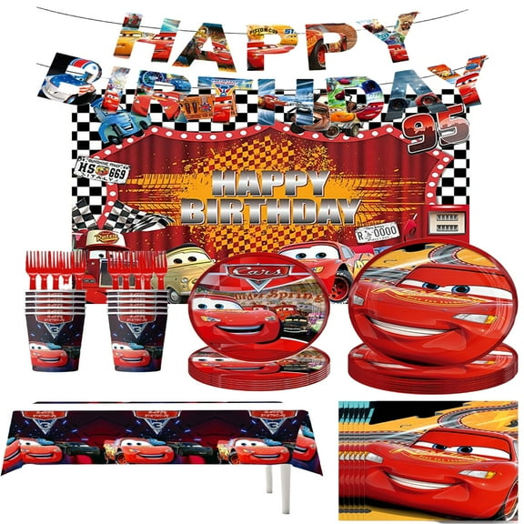 Children's Birthday Party Decorations Set - Cars Cartoon Theme Party Supplies (Includes Banner, Tablecloth, Tableware, Napkins)