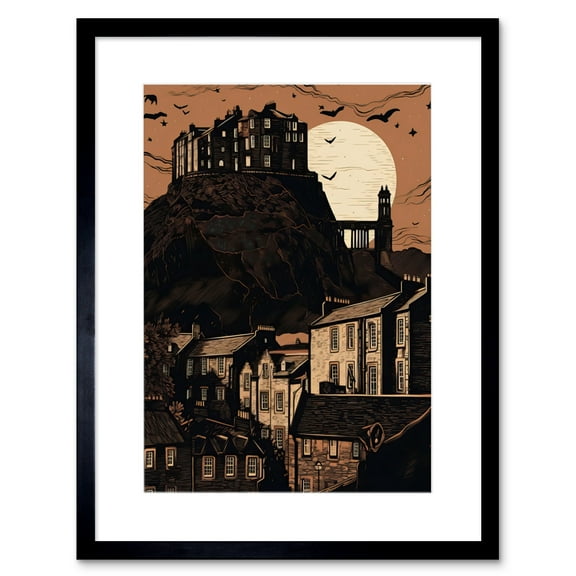 Dramatic Full Moon Rising Behind Edinburgh Castle Artwork Framed Wall Art Print 9X7 Inch