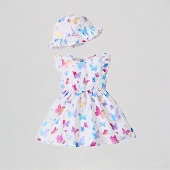 REDARER Baby Girls' Summer Sleeveless Butterfly Print Dress with Matching Ruffle Hat Elastic Waist Soft Casual Play Outfit,18-24 Months