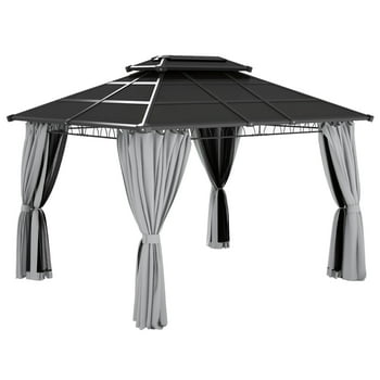 Outsunny 10' x 12' Double Roof Hardtop Gazebo with Nettings Curtains Grey