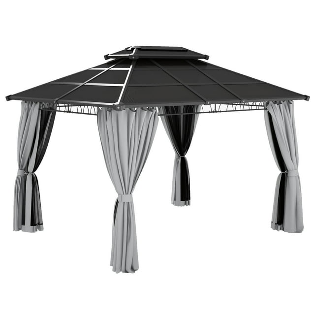Outsunny 10' x 12' Double Roof Hardtop Gazebo with Nettings Curtains Grey