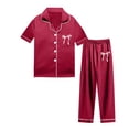 thumbnail image 3 of Teen Satin Pajamas for Boy Bowknot Print Short Sleeve Button Down Sleepwear with Pants Set Toddler Sleepwears 13-14 years Girl Pajamas, 3 of 3