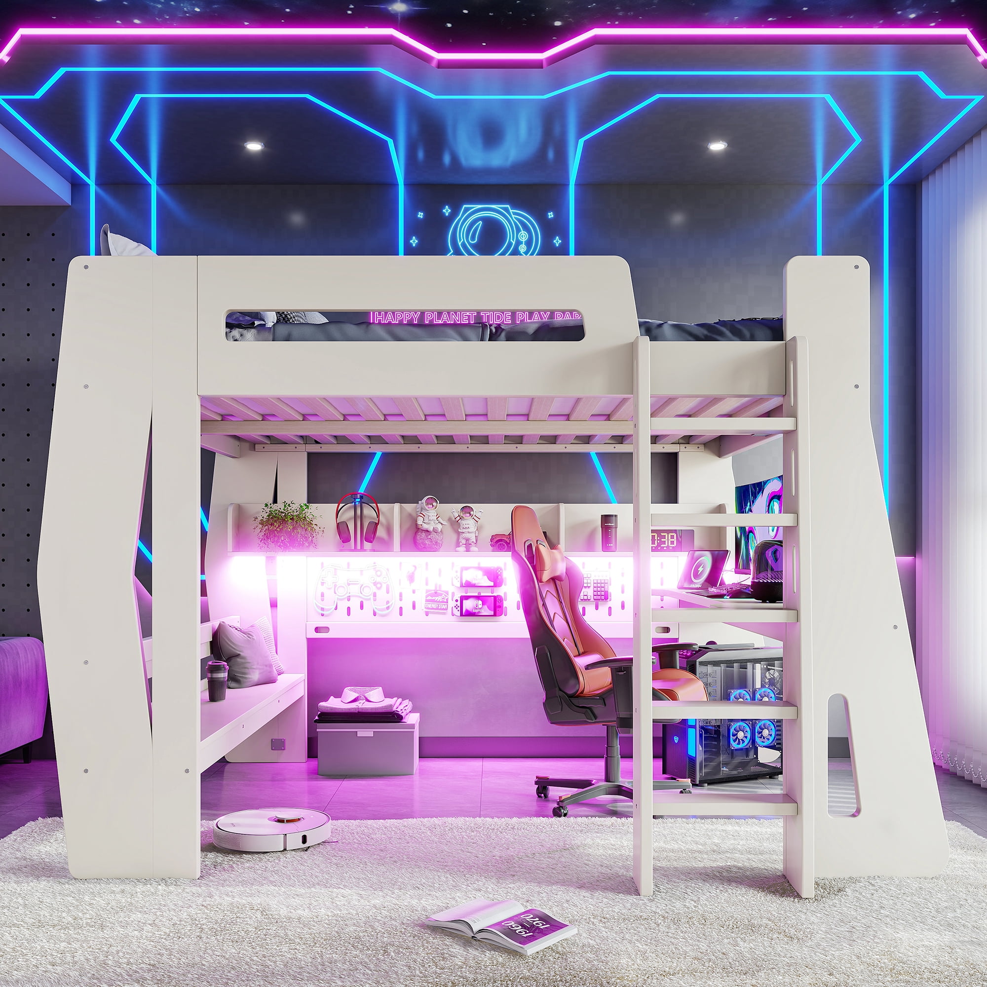 Mintazer Full Size Gaming Loft Bed with Desk & LED Ambient Light, Esports Loft Bed with Storage Shelves & Power Outlet for Teens Bedroom, Beige