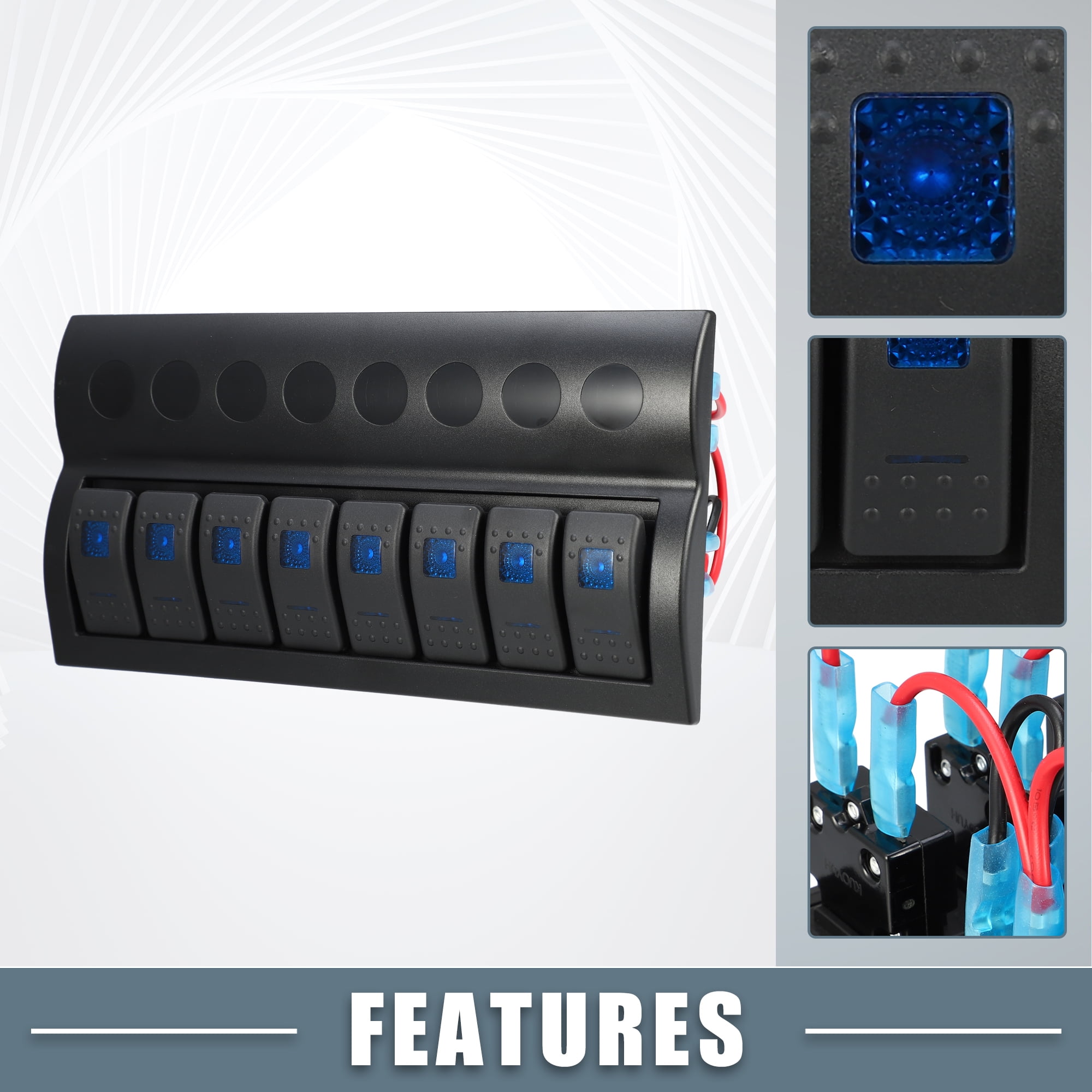 8 Gang Auto Rocker Switch Panel Waterproof 5 Pin Toggle Switch Control Blue LED Light Push Button Black