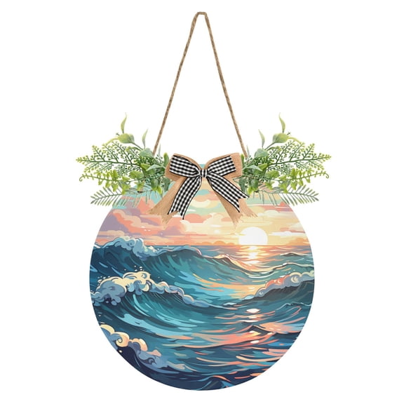 Waves at Sunset Front Door Porch Decoration Hanging Sign with Artificial Green Plants and Bow for Home Outdoor Indoor