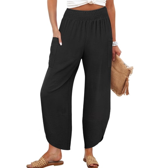 ANRABESS Wide Leg Capri Pants for Women Smocked High Waist Cropped Lounge Pants with Deep Pockets, Crisscross Hem Beach Vacation Trousers Size L