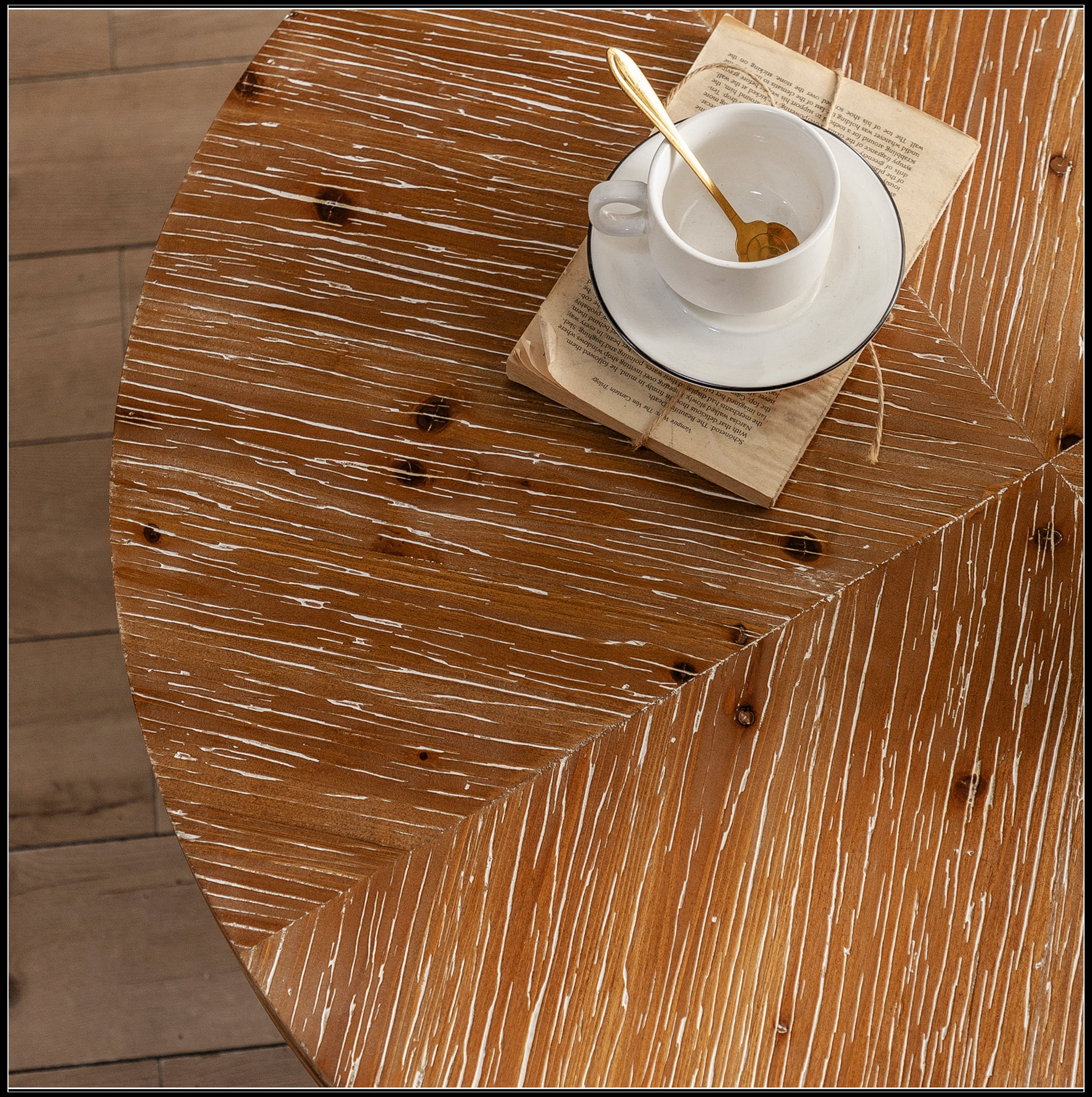 31.29"Modern Retro Splicing Round Coffee Table,Fir Wood Table Top with Gold Cross Legs Base(Same SKU:W757102843)