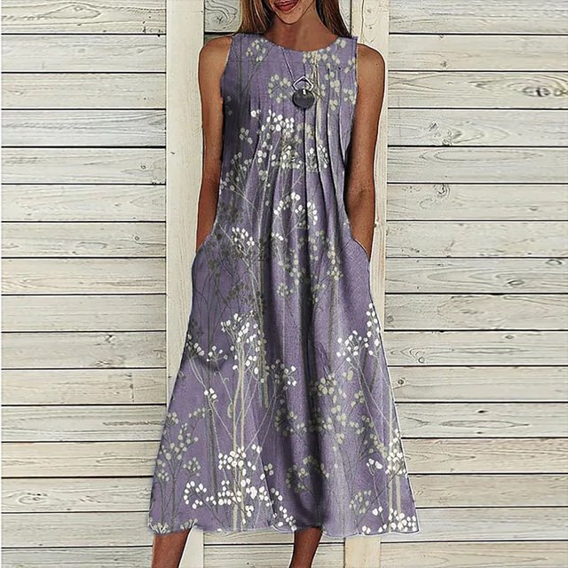 SMihono Robe Bohème d'Été pour Femmes Grande Taille Mode Robe Sans Manches à Col en V Décontractée à Imprimé avec Poches pour Femmes Printemps Été