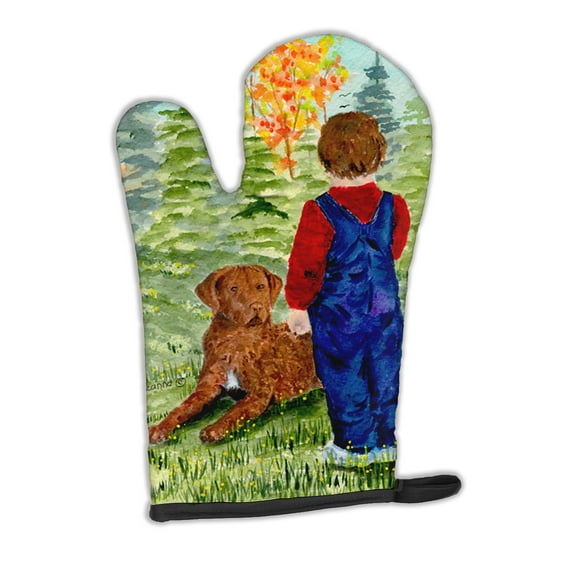 Little boy with his Chesapeake Bay Retriever Oven Mitt