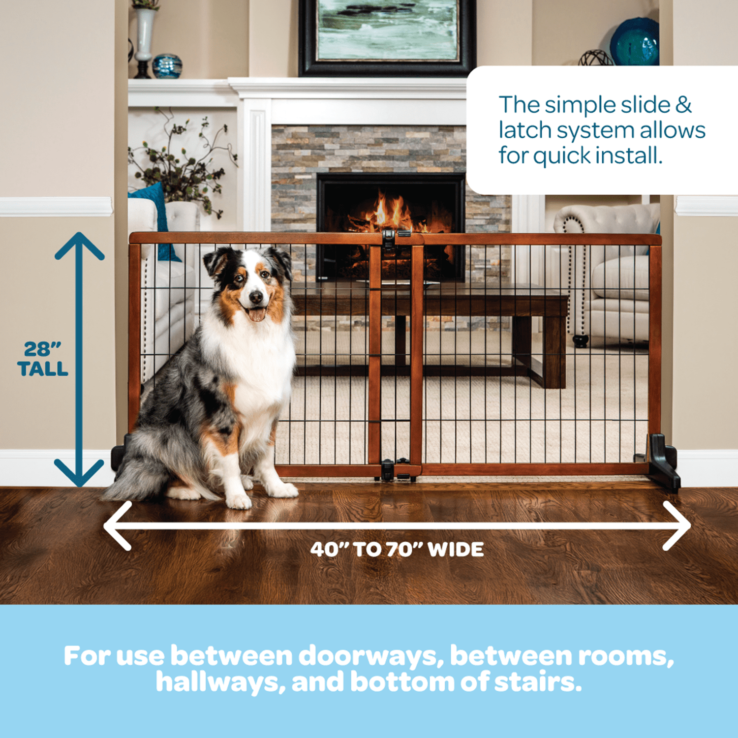Carlson Pet Products, 41" - 70"L x 28"H Adjustable Freestanding Pet Gate, Premium Wood, Brown