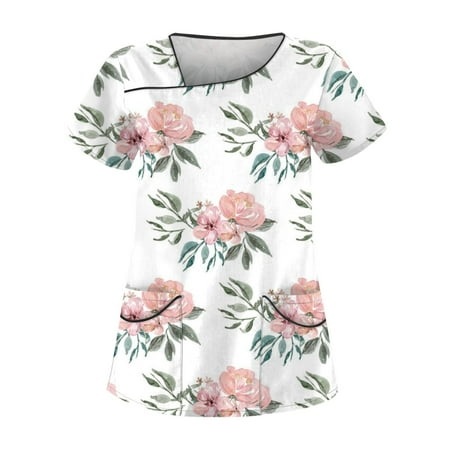 

BIZIZA Scrubs for Women Fashion 2023 with Two Pocket V Neck Workwear Short Sleeve Plus Size Floral Printed Spring Summer Womens Tops Pink S