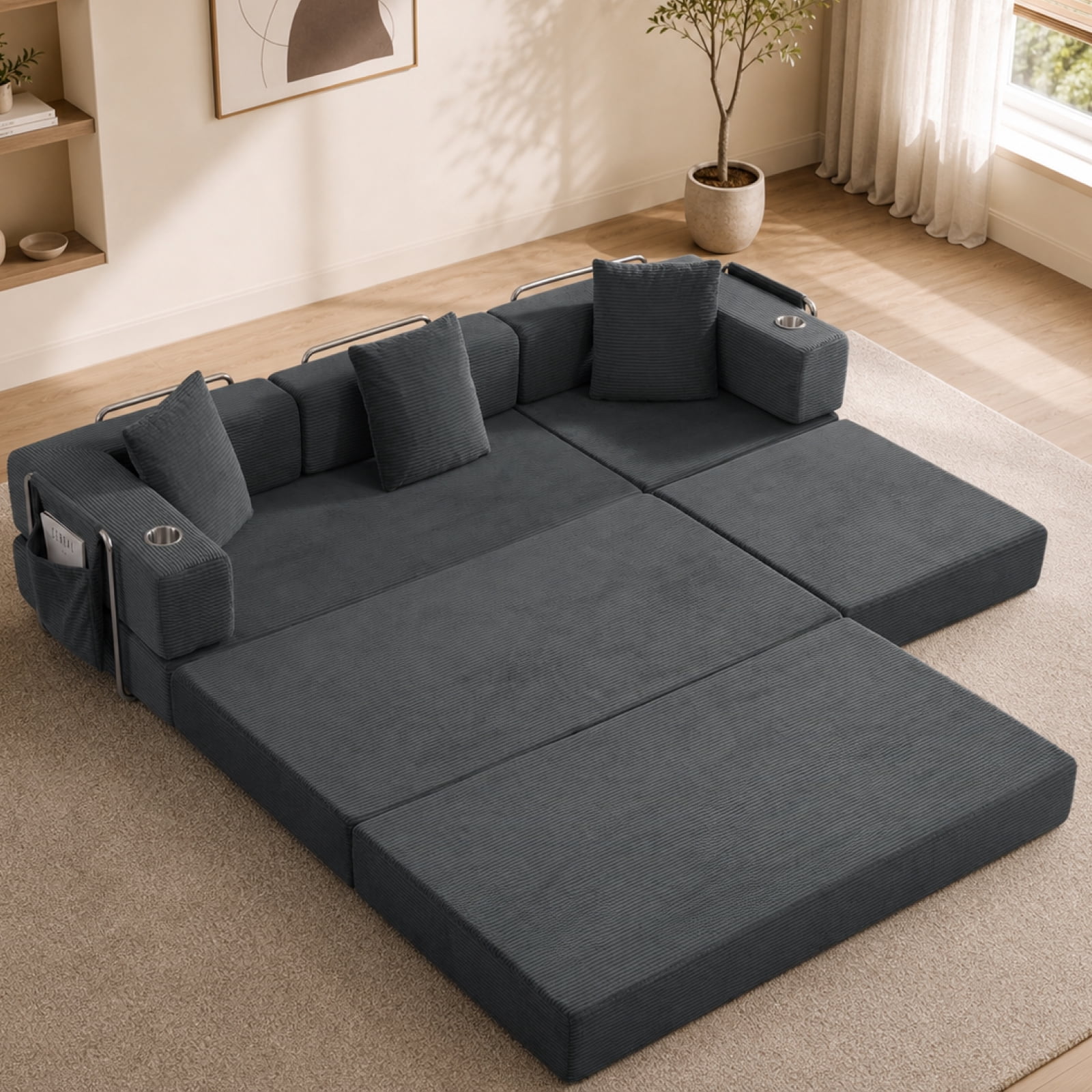 Garitin Sectional Sofa and Modular L Shape Cloud Couch 108 Inch, Boneless Deep Seat Corduroy Living Room Furniture, Gray