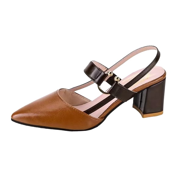 Women's Pointed Toe Chunky Heel Dress Mules Pumps Elegant Close Toe Sling Back Block Heels Business Dress Sandals Brown Size 7.5