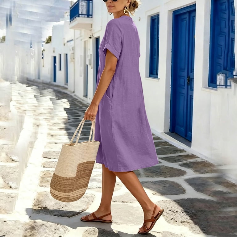 Bxsruta Women's V Neck Short Sleeve Cotton Midi Dress with Pockets Casual Pull on Smock Dress Lightweight Breathable Soft Flowy Summer Loose Fit Comfortable