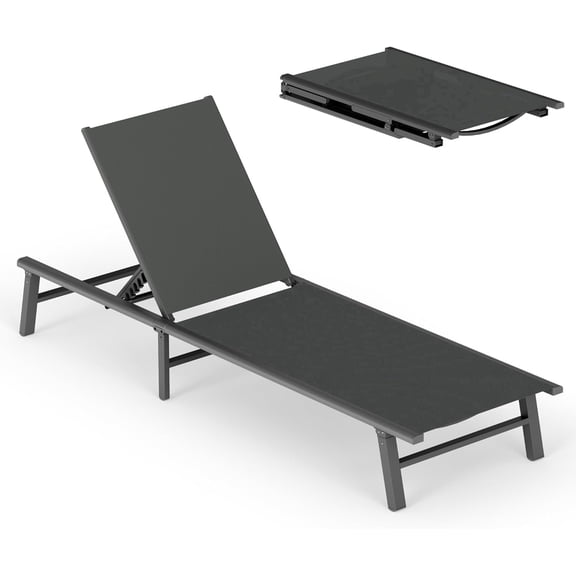 Foldable Aluminum Patio Chaise Lounge, 5-Position Outdoor Pool Chair, Gray