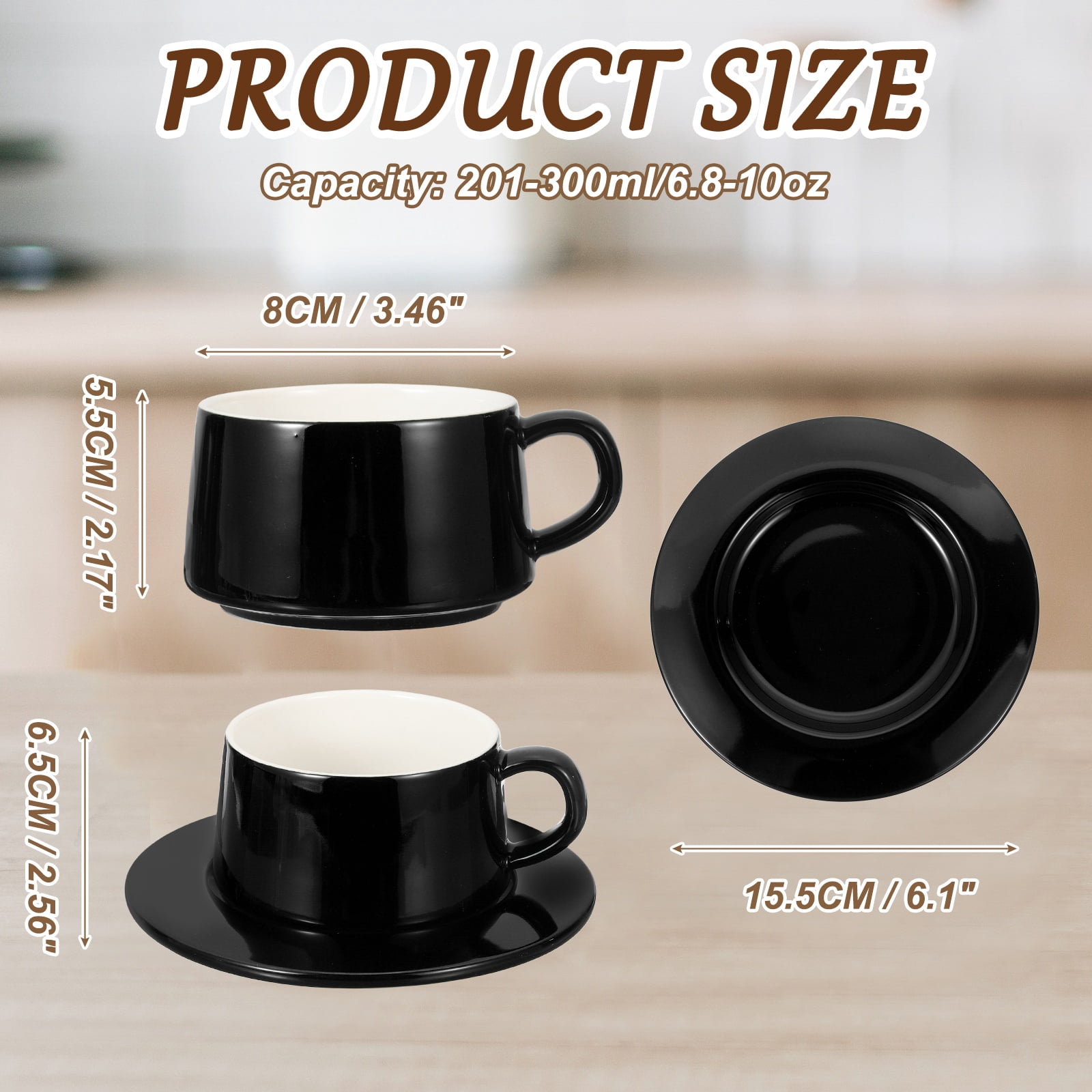 Uxcell 10oz Ceramic Coffee Mugs with Saucer Set, Creative Cute Cup with Handle Unique Irregular Design for Coffee Lovers Gift Tea Espresso Latte Kitchen Cafe Party, Dishwasher Black