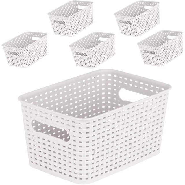 chao cesta de almacenamiento de plástico – contenedores organizadores de despensa para cocina, oficina (pequeño-6 unidades, blanco) paquete de 6 cestas blancas en plástico PP con diseño tejido, forma rectangular, asas laterales recortadas y perforaciones para ventilación; medidas 10.72 x 7.36 x 5.39 según ficha, ideales para cocina, despensa, estante u oficina y uso como organizador doméstico.