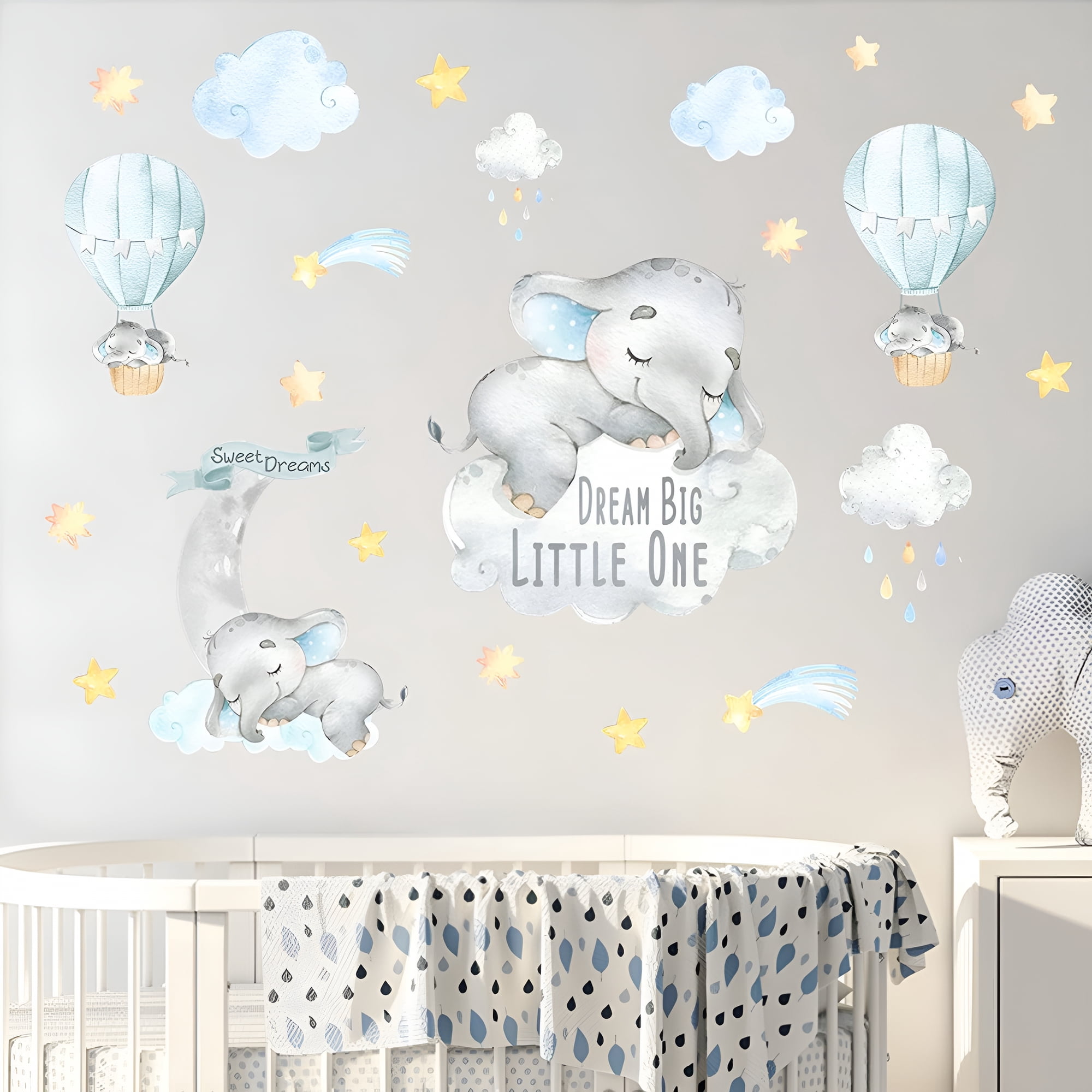 CCOCC 2026 New Blue Watercolor Boy Elephant Wall Decals,Sweet Dream Big Little One Sticker Moon Hot Air Balloon Star Nursery Decor,Home Baby Shower Room Decoration Kid Toddler Crib Bedroom Playroom