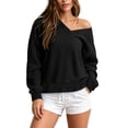 thumbnail image 2 of Titcea Off the Shoulder Sweatshirt for Women V Neck Solid Color Long Sleeve Pullover Sweater Home Daily Shopping Loose Comfy Fall Sweatshirts S-2XL, 2 of 8