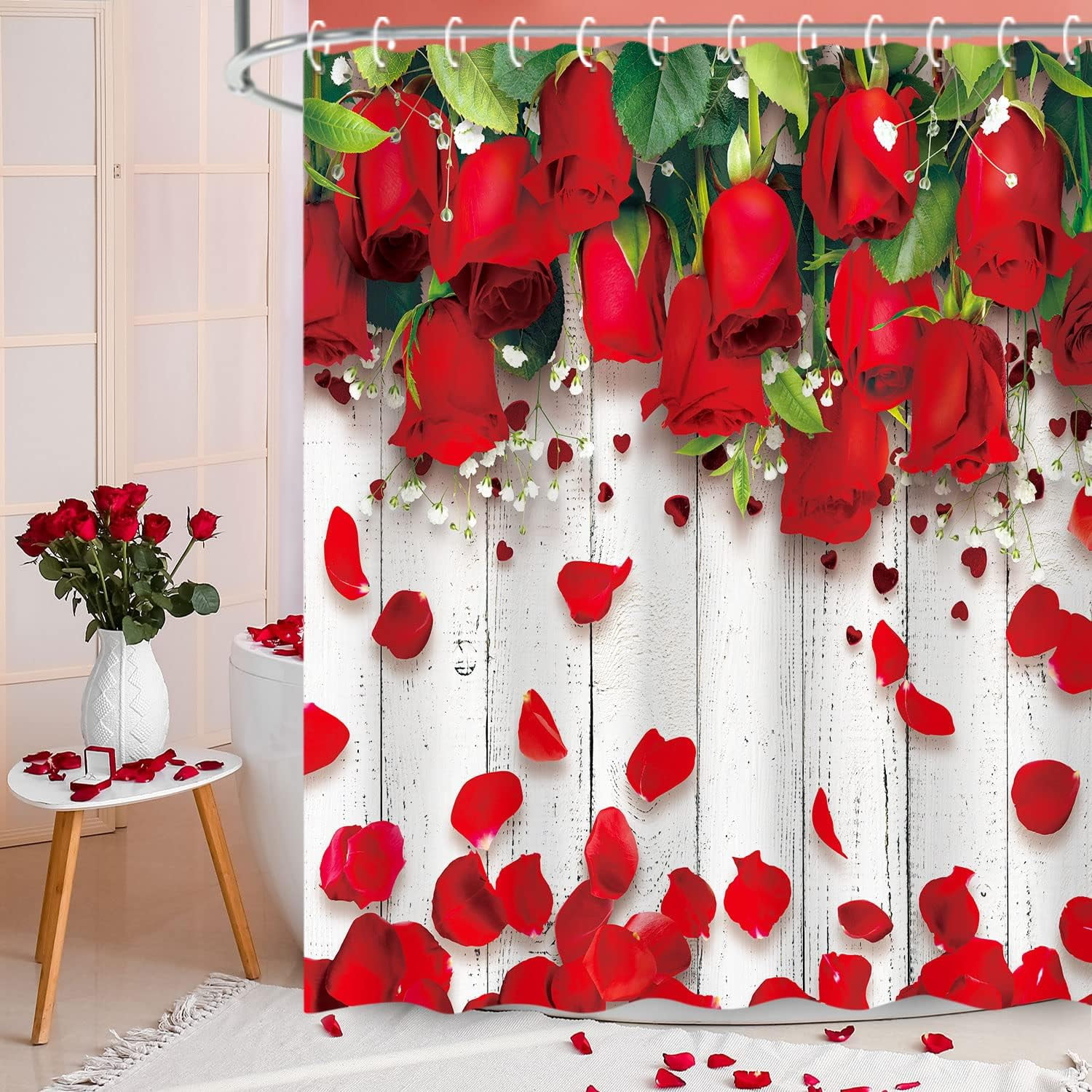 JOOCAR Rose Shower Curtain, Red Rose Shower Curtain with 12 Hooks