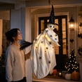 thumbnail image 1 of Lighted Flying Ghost Decor 35 Inch, Hanging Ghost Riding Broom with Black Witch Hat, Waterproof LED Halloween Sign for Front Door, 1 Pack, 1 of 4