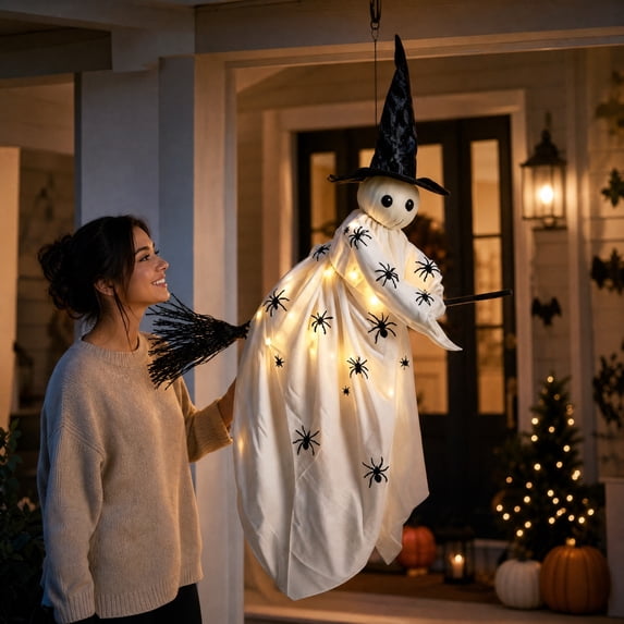 Lighted Flying Ghost Decor 35 Inch, Hanging Ghost Riding Broom with Black Witch Hat, Waterproof LED Halloween Sign for Front Door, 1 Pack