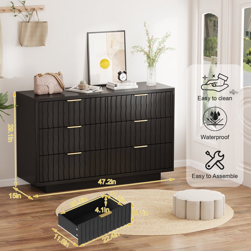 Fluted 6 Drawer Dresser for Bedroom, Wide Modern Chest of Drawers with Metal Handle, Curved Profile Design, Wood Closet Clothes Storage Organizer for Bedroom, Living Room, Hallway(Black)